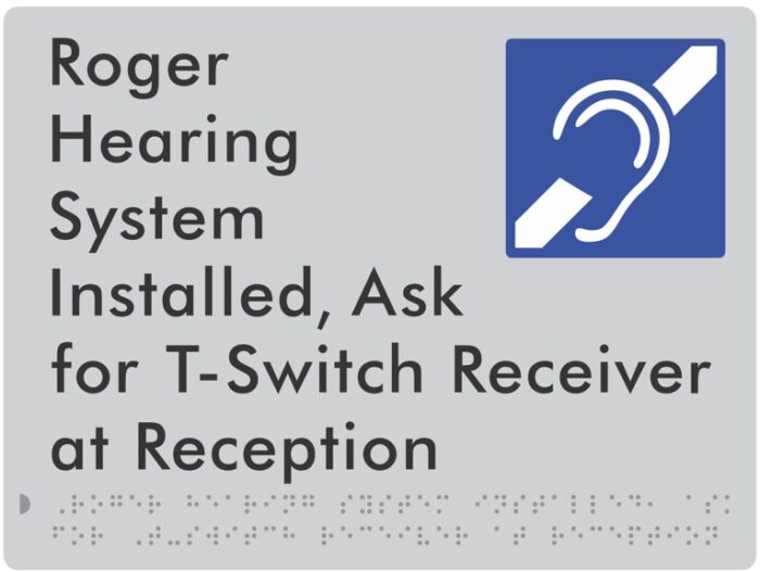 Braille Roger Hearing Augmentation Sign - Medium (Receivers located at Reception) - Silver